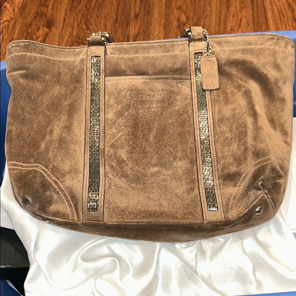 Coach Loden Suede Beaded Stripe Tote Bag.